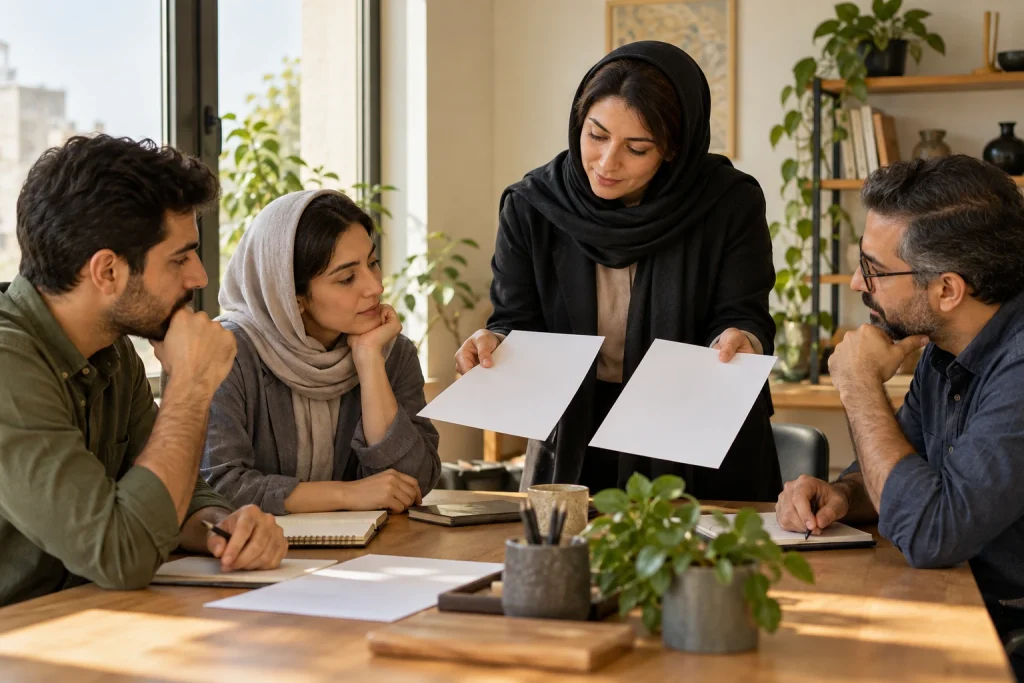 چهار عضو یک تیم کوچک گزینه‌های یک تصمیم کاری را دور میز بررسی می‌کنند