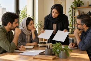 چهار عضو یک تیم کوچک گزینه‌های یک تصمیم کاری را دور میز بررسی می‌کنند